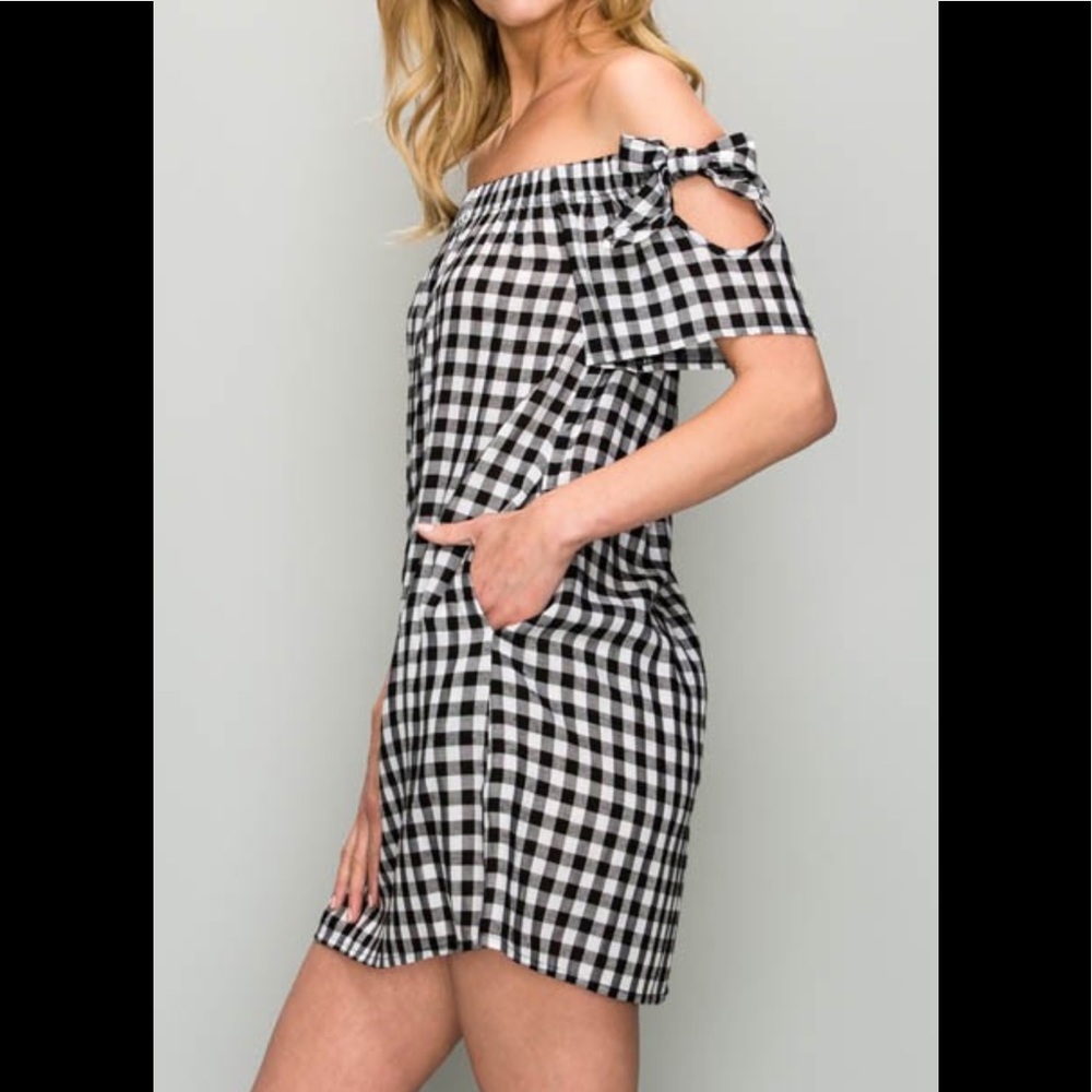 OTS GINGHAM MINI OFF THE SHOULDERS DRESS SZ S